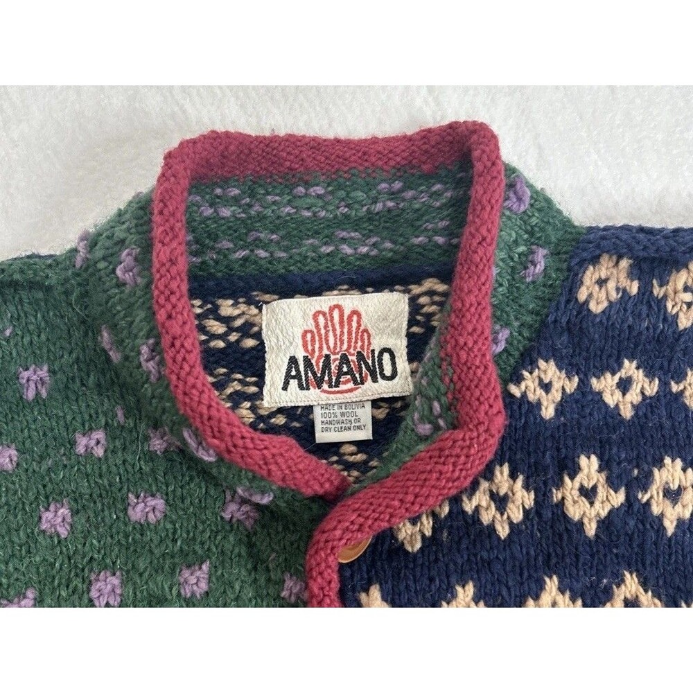 AMANO Geometric Pattern Hand-knitted Wool Cardigan Unisex Oversized Boxy Large - Picture 2 of 10